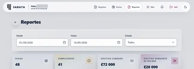 Captura del panel web de Rutas: reportes de viajes y efectivo