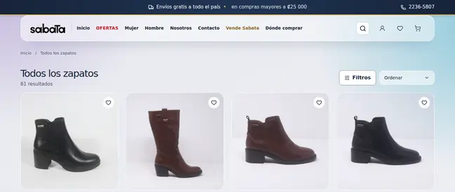 Catálogo de la tienda en línea Sabata con filtros y productos
